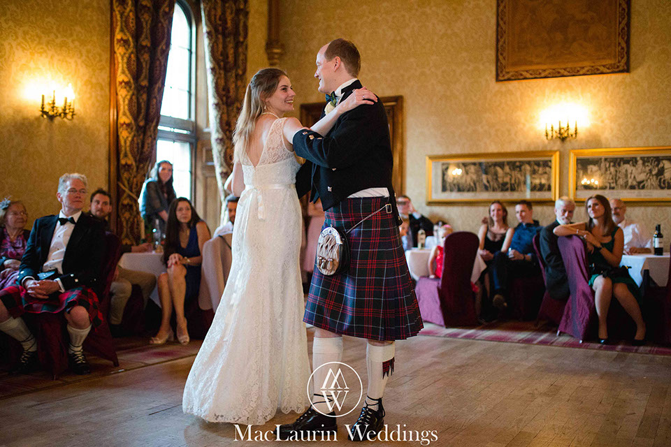 first dance dalhousie castle a happy bride and groom during their first dance at dalhousie castle scotland